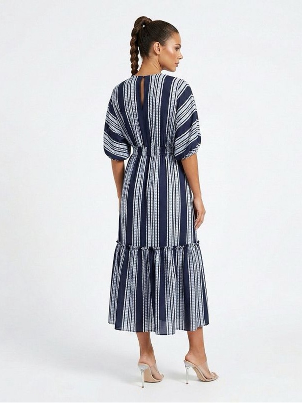 Taylor Size 16 Navy White Stripe Midi Dress Tiered Puff Sleeve V Neck - Picture 2 of 11